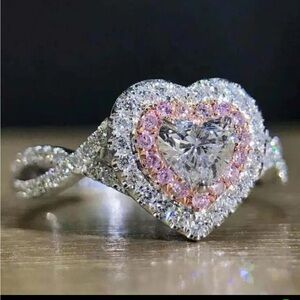Heart-Shaped Silver and Pink Diamond Ring cz new with ring box sz 6-9